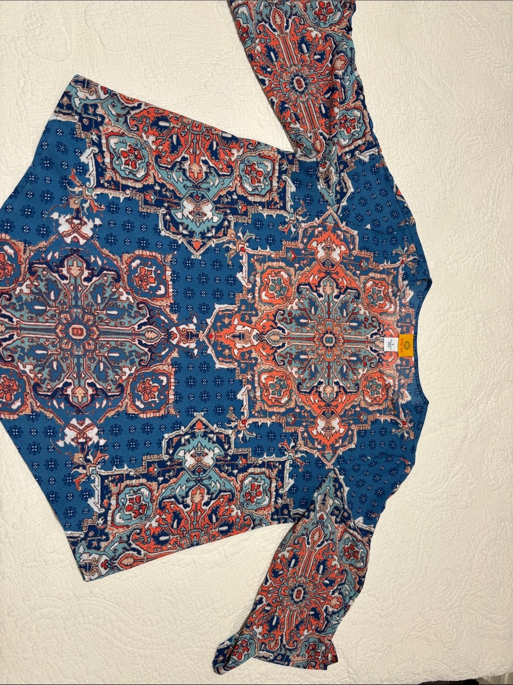 Ruby Rd. Blue Mosaic Print Long-Sleeve Tee with Red and Cream Accents